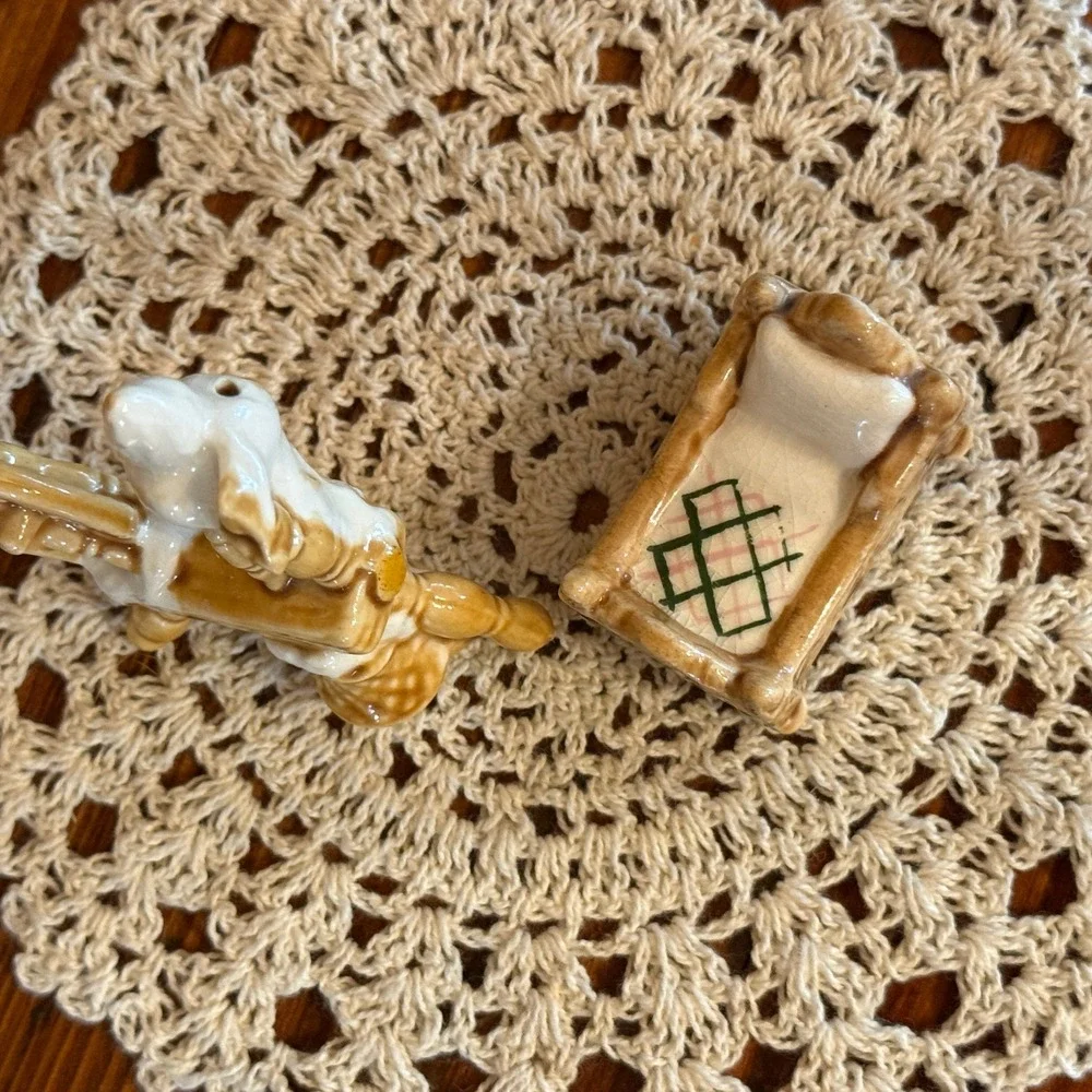 Vintage Spinning Wheel and Cradle Salt and Pepper Shakers Tan White Ceramic Set